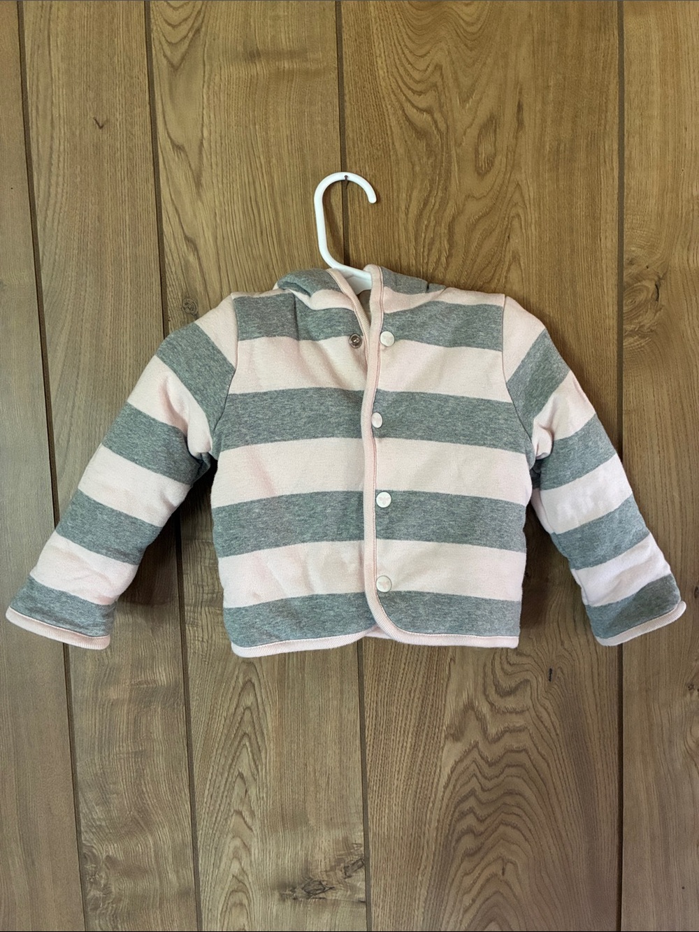 Striped Pink & Gray Baby Hoodie Jacket - Soft Button-Front